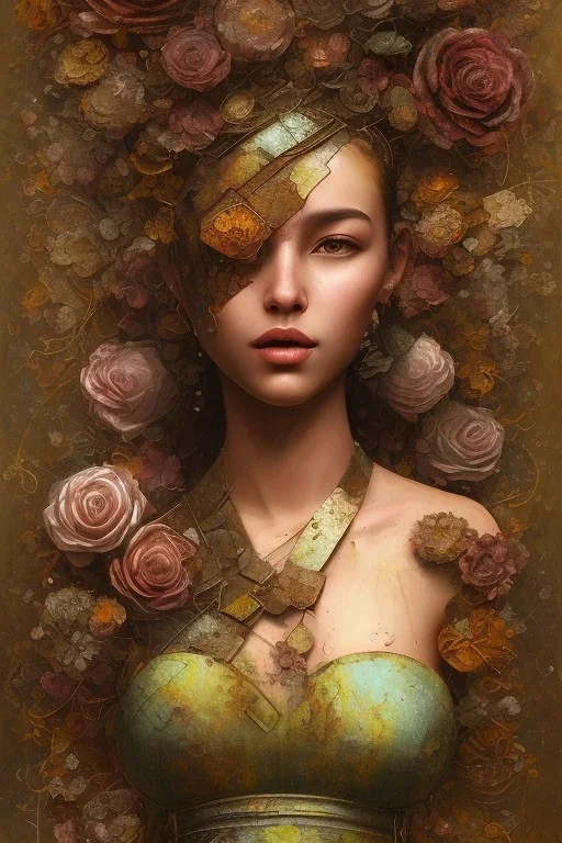 an abstract painting of rusted metal and flowers and beautiful girl portrait, rust, scaffolding, iron cladding, decay, mixed media, textured, anatomically correct, beautiful perfect face, sharp focus, highly detailed