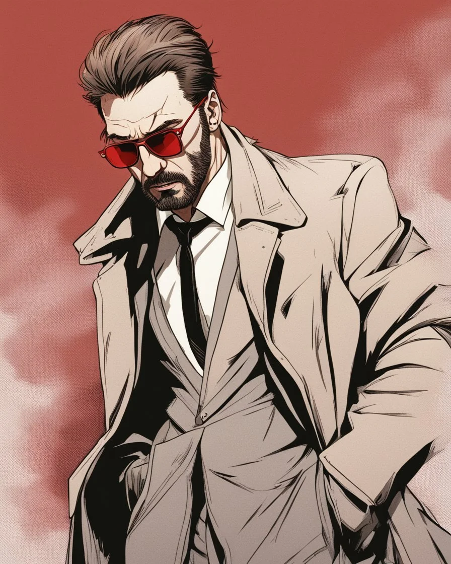 a young man with big muscles who looks like hans gruber wearing a heavy coat and red sunglasses staring with an irritated look on his face