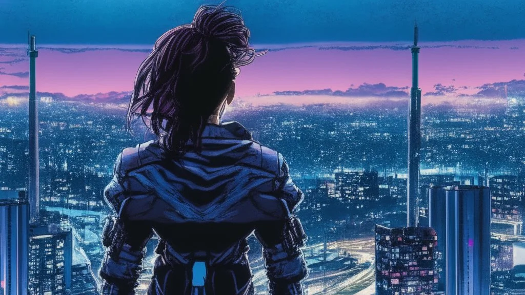 Clear Focus, High resolution, Beautiful girl standing backwards to a Cyberpunk skyline, comic style