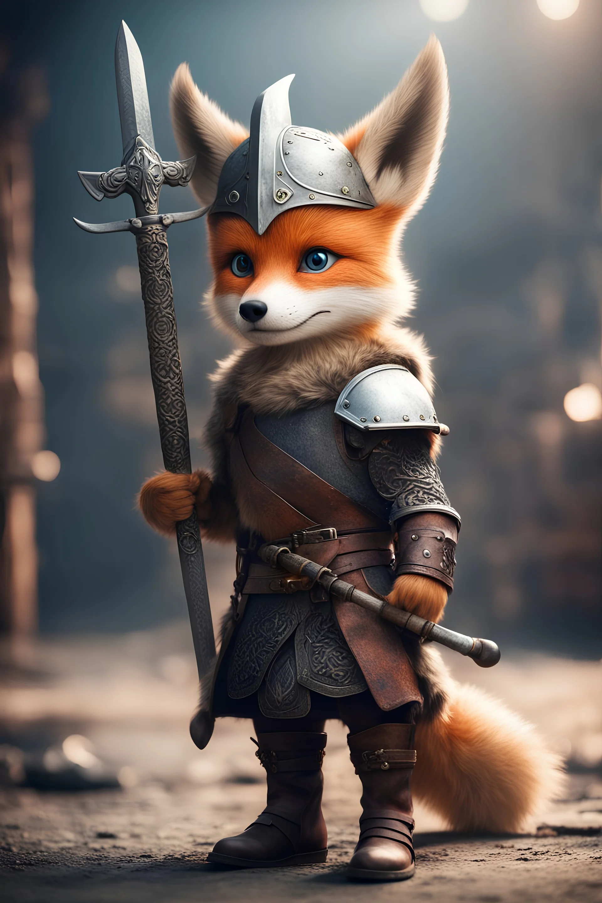 portrait of cute fast historic strong viking fox with horned viking helmet & boots holding ornate viking sword in fallout 4 setting, bokeh, downlight, prize winning, depth of field, in the style of ivo caprino