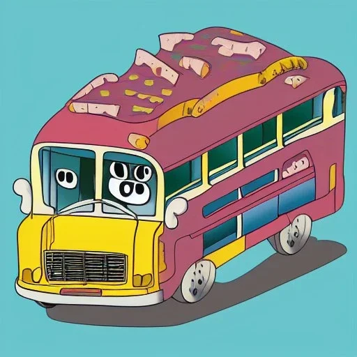 isometric smiling bus with eyes by jim woodring in cartoon style