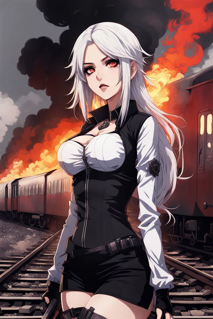 close-up gothic anime girl, white hair, tight outfit with gun on thigh, standing on a train track, smoke and fire surroundings, she is dull and dark, looks determined , train approaching behind her, poeti style