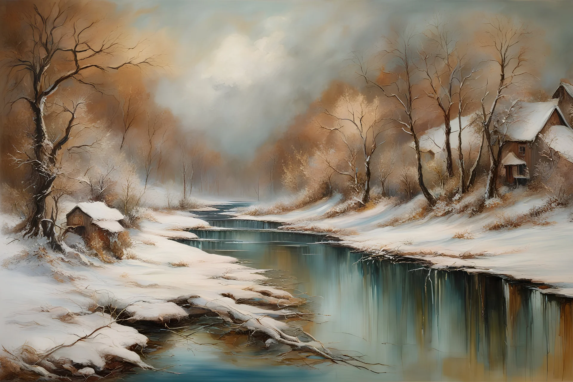 ((best quality)), ((masterpiece)), ((realistic,digital art)), (hyper detailed), Valerie Hegarty style painting of a river landscape in winter, a scenic environment, painted by Valerie Hegarty