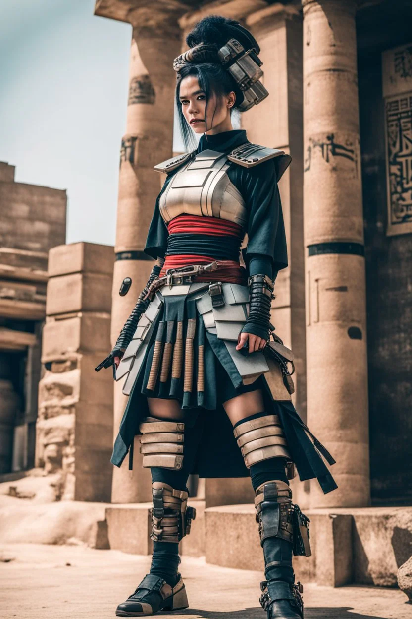 woman in retro-futurist samurai costuming standing while leaning to the side against a stone pillar of a Egyptian + cyberpunk post apocalyptic building