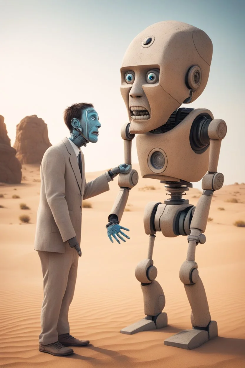 the AI robot showing surprise on his face expression and cover his mouth with his hand from human stupidity of a stone age man standing in front of him in the desert