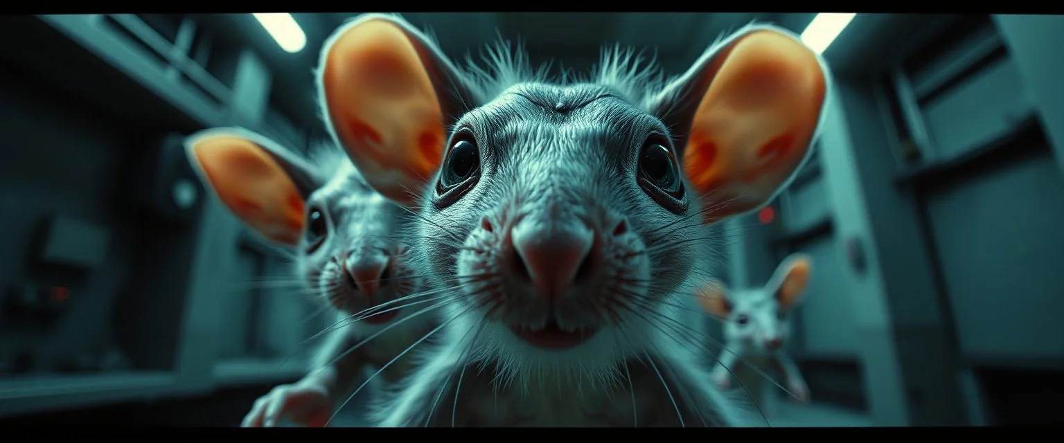 extreme close up on fluffy rat elf vampire family scumbag in the cinema the style of Escher and Giger and Fallout 4, pinhole cam, airbrush 3d rendering, on tv screen:A five-second cinematic single take in a clean industrial presentation hall.