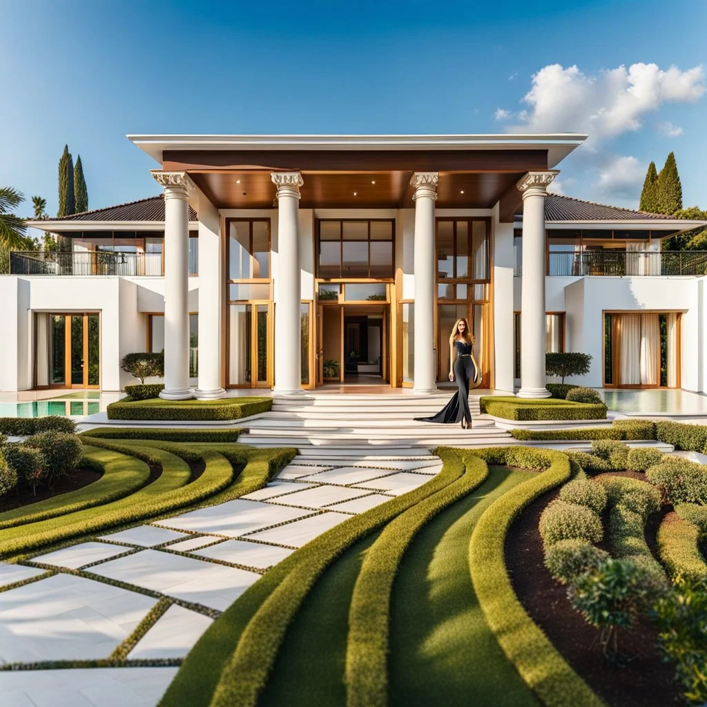 full body closeup shot of young lady in pants an blouse standing in garden of luxury villa