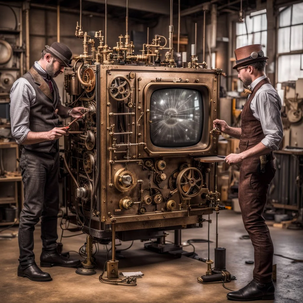 Steampunk engineers constructing a television set