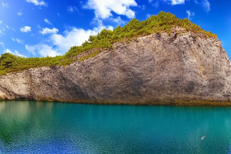 Sunny day, Big epic rock cliff, lagoon, photography, ultra hd 4k, hyperrealism