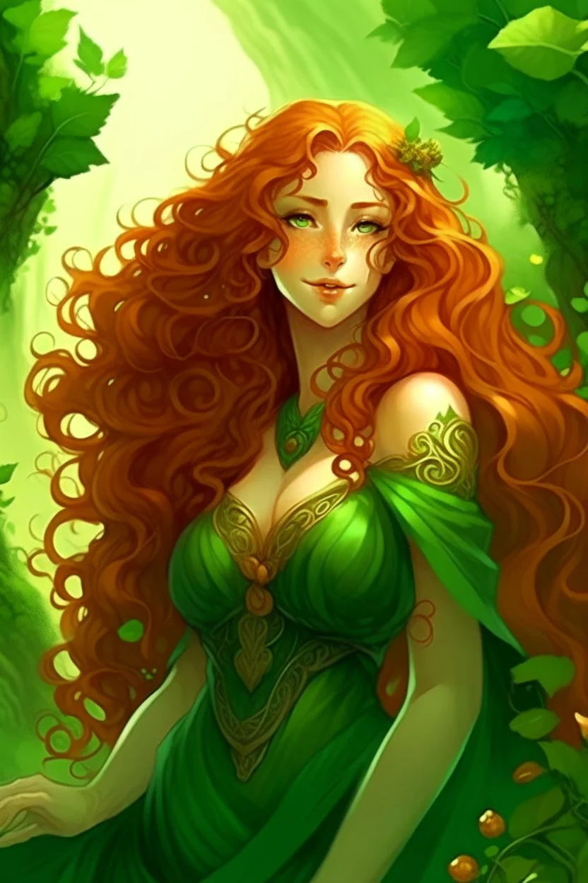 portrait of a goddess with long reddish curly hair, curvy body, earthbound, warm-hearted, green