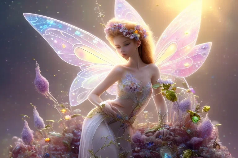 one very little beautiful fairy on one big crystal subtle flower in a galactic ambiance, transparent petals, delicate colors, in the foreground, full of details, smooth, bright sunshine，soft light atmosphere, light effect，vaporwave colorful, concept art, smooth, extremely sharp detail, finely tuned detail, ultra high definition, 8 k, unreal engine 5, ultra sharp focus