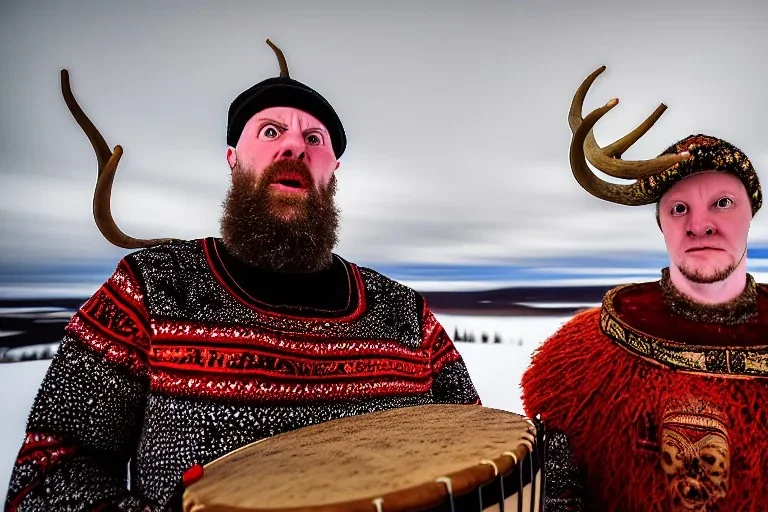 Portrait of a Northern Native Sage. Indigenous, Kekripukki, carries drum made of birch-park, Scary Horns grow from his shoulders, The Egyptian, Traditional Costume is white with red ornaments and patterns. African style colorful faces, Arctic Hills, Strange trees, Haunting Atmosphere, North-Carelia, Karelia, Karjala, Karjalainen, traditional Carelian costumes, dripping black tears on cheek, Kaamos