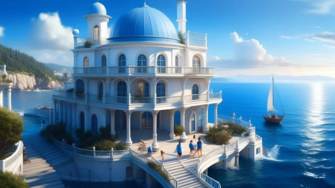 fantasy, A blue and white Greek island house with domed roofs and balconies overlooking a body of water , with people sitting on the balcony and boats in the foreground, adventure core, soft and dreamy depictions, epic eerie