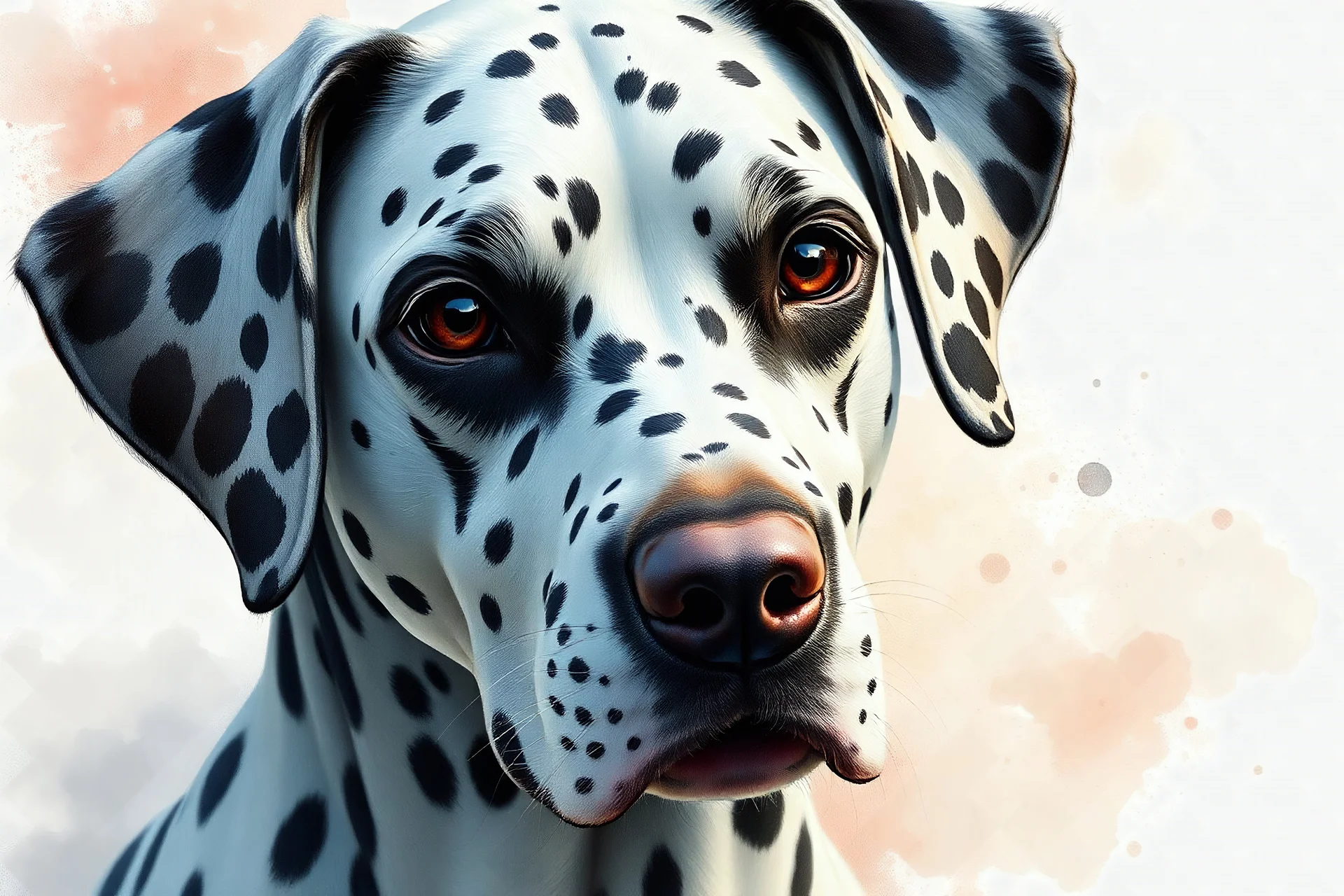 Surreal image of a Dalmatian dog with a delicate, glossy coat, fascinating and captivating, with a serene atmosphere that conveys peace and tranquility. Digital art image. Watercolor pencil and ink. Soft watercolor background with wet-on-wet brushstrokes. Airbrush painting. Fantastic art, detailed painting, high quality. (UHD 4K). 4K image.