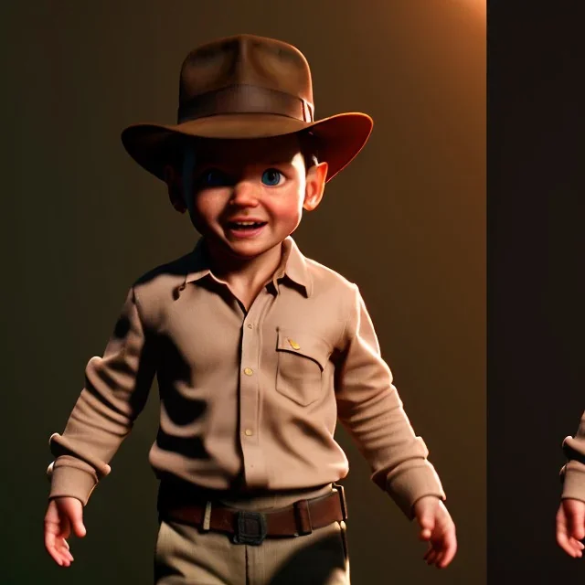 Indiana Jones toddler, full body, dramatic lighting, hyper realistic