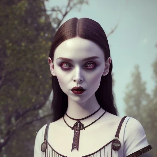 Full body, 3d render, Wednesday addams 1800's women style, 1800's hair style, 1800's women clothes style, hyper realistic, octane render, unreal engine 5, 8k, palace background, uhd