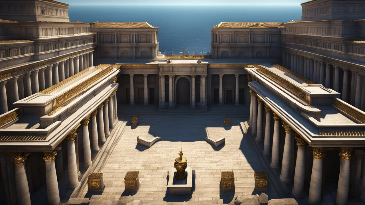 a roman city next to the ocean seen from a hill top. perfect symmetry. marble and gold. fantasy. exquisite realism, a masterpiece, dark fantasy concept art, dynamic lighting, hyperdetailed, intricately detailed, deep color, Unreal Engine, volumetric lighting