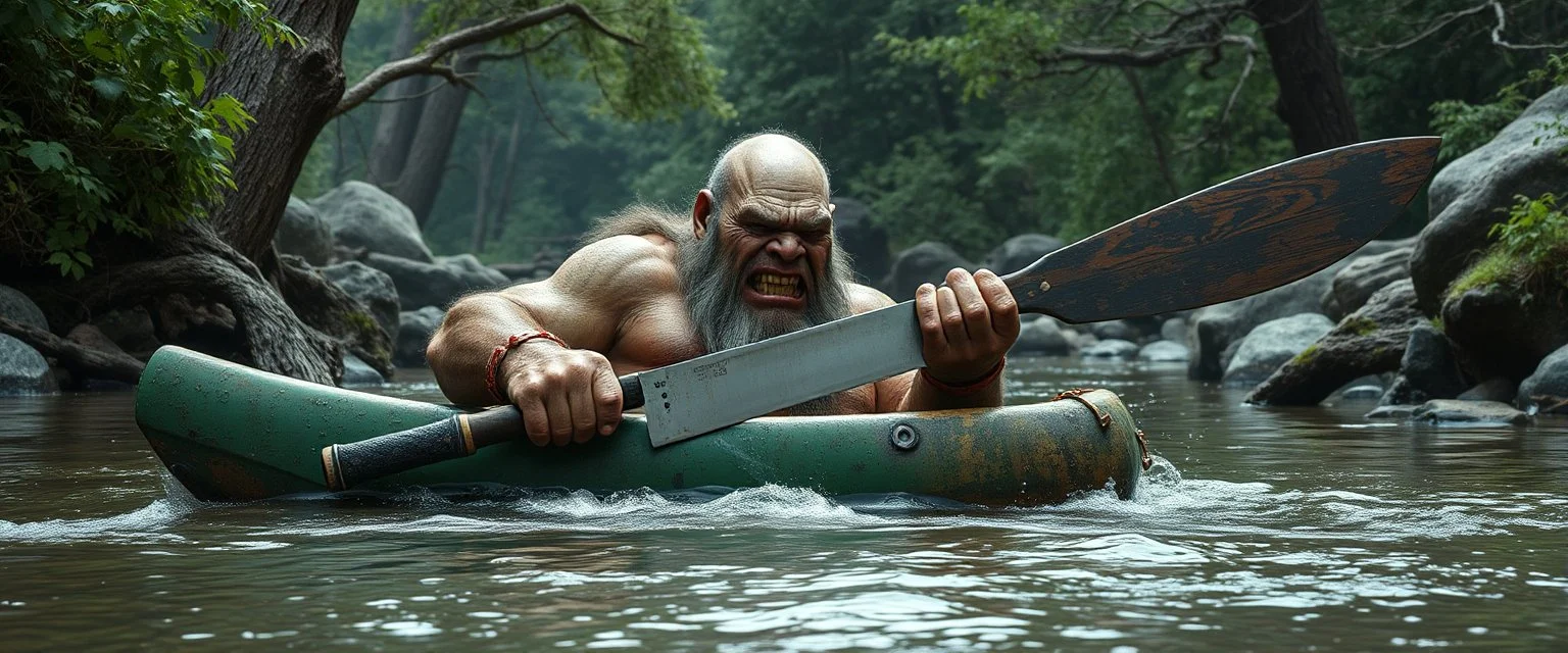 ancient bald fat ogre troll machete in huge kayak in stream