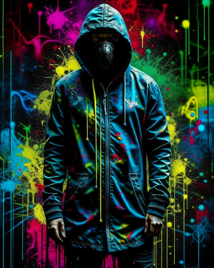 Colorido, Banksy style. Whole body. Masterpiece of a hooded killer Cyborg, his eyes are intense, (((full body))), contrasting colors. Fondo ciudad