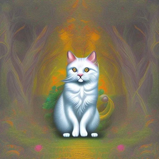 White cat walking in psychedelic forest