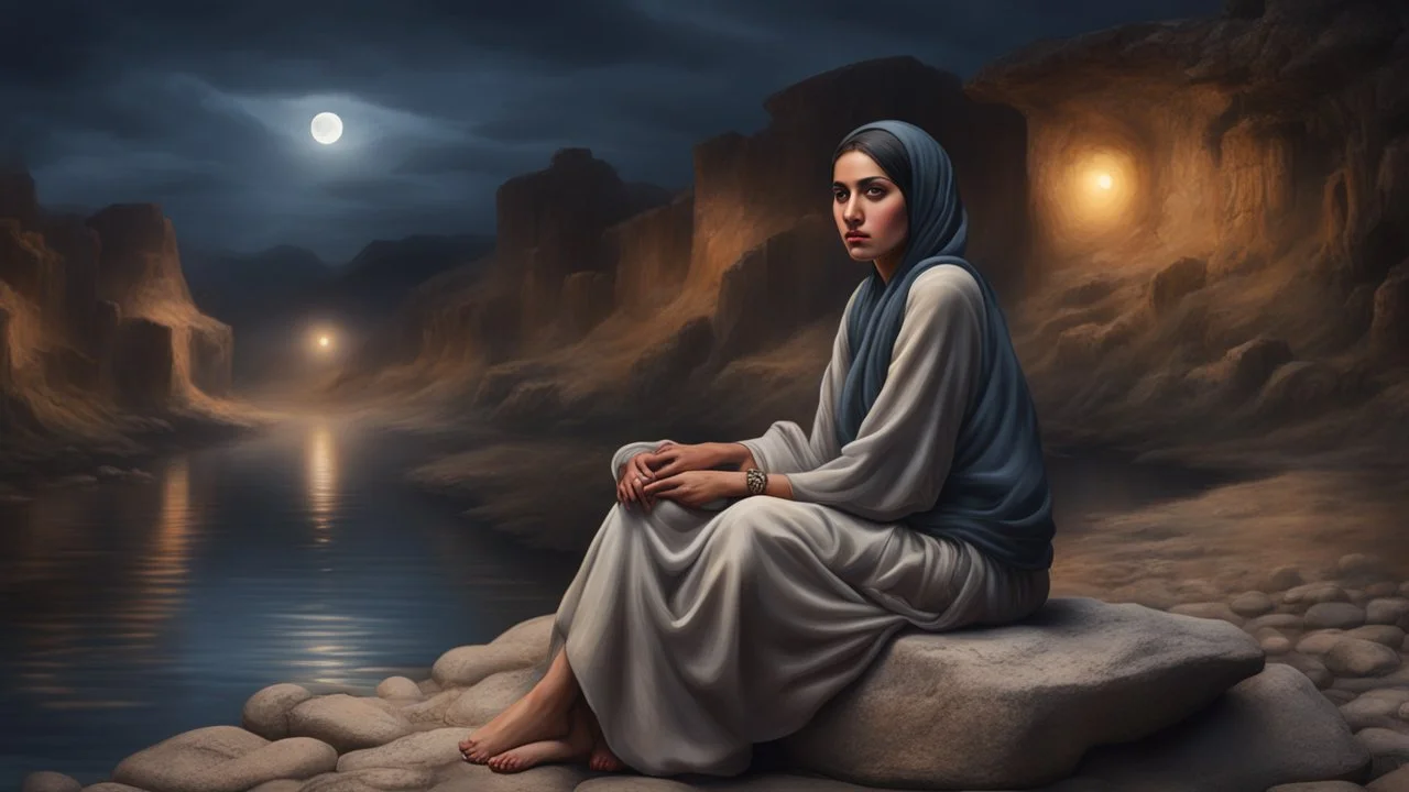 Hyper Realistic Sad-Young-Beautiful-Pashto-Woman sitting on a stone riverside at dark-village-night