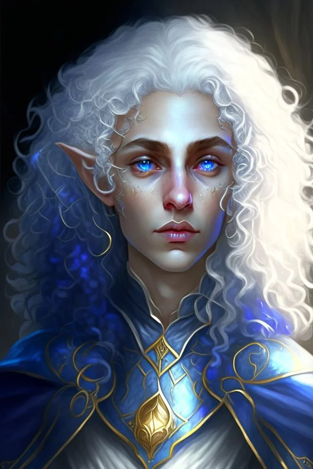 Female elf twilight cleric in a silver robe with blue curly hair and golden eyes