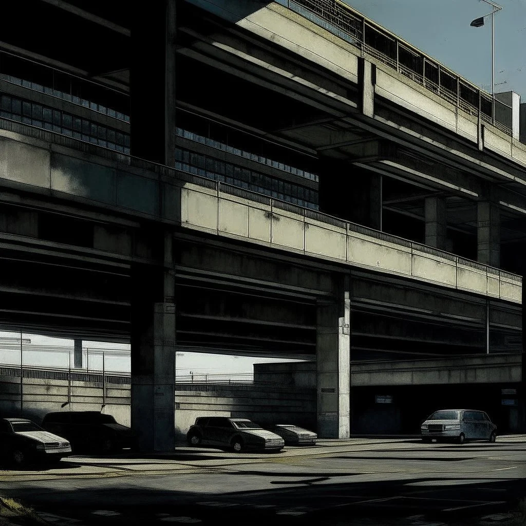 A hauntingly beautiful scene unfolds before your eyes in this minimal contemporary abstract photo. The desolate 1960s carpark stands in solemn silence, its concrete structures bearing the weight of time. Shades of gray and black dominate the color palette, evoking a sense of melancholy and abandonment reminiscent of Justin Mortimer's work. In the style of Francis Bacon, distorted and unsettling forms emerge from the shadows, adding a touch of surrealism to the composition. Road markings on the