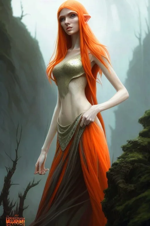 painting of a tall elven young woman with short light orange hair and freckles on the cheak bones and tall body of a topmodel light clothes, long shot, ultra realistic, concept art, intricate details, eerie, highly detailed, photorealistic, octane render, 8 k, unreal engine. art by artgerm and greg rutkowski and charlie bowater and magali villeneuve and alphonse mucha