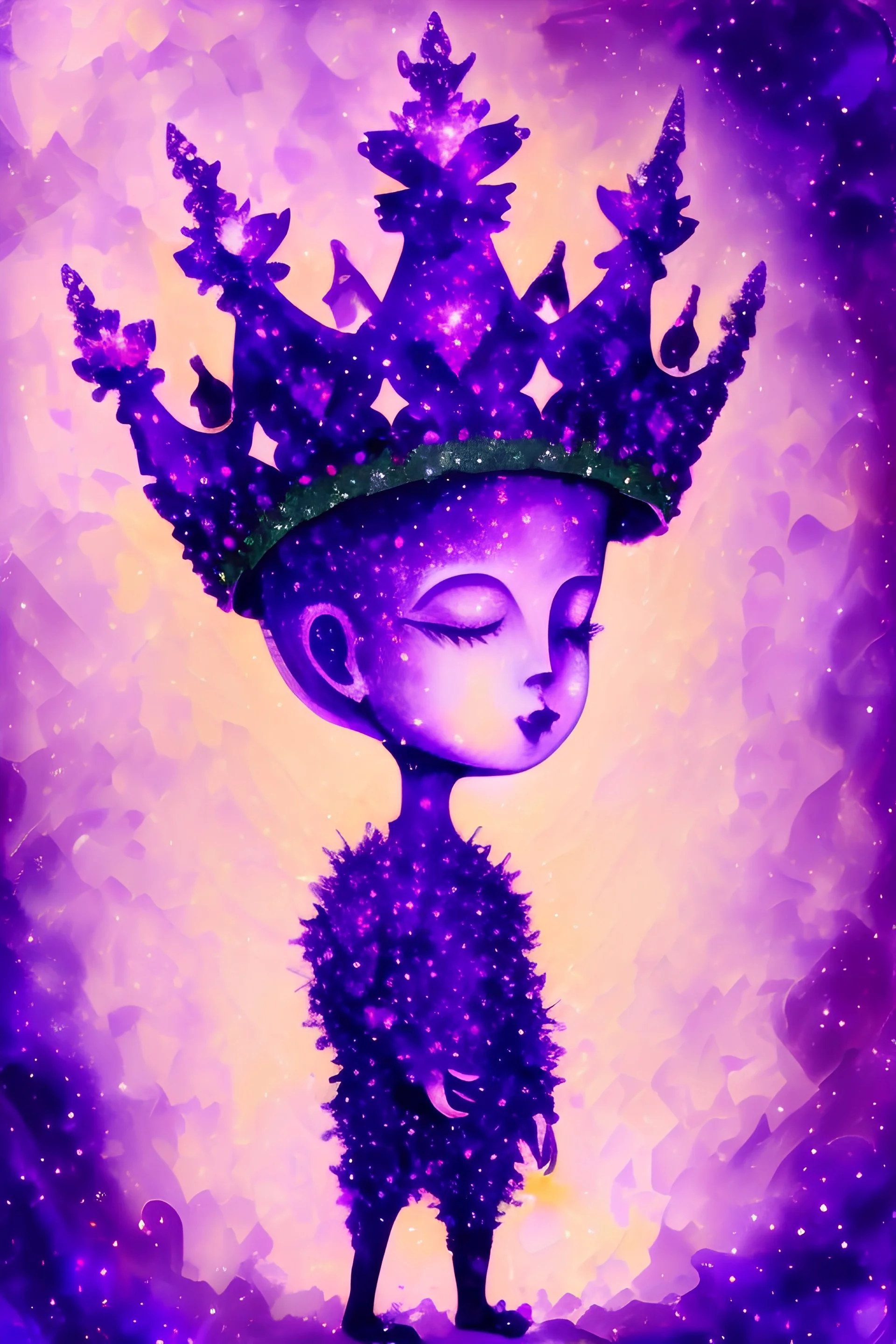 a small figure with a crown in a beautiful purple sparkly background, abstract and fantasy art