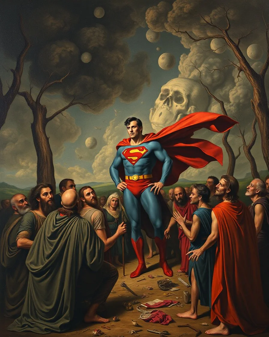 Bosch painting style ,nightmare, a group of people from the 2nd century gathering around a Superman