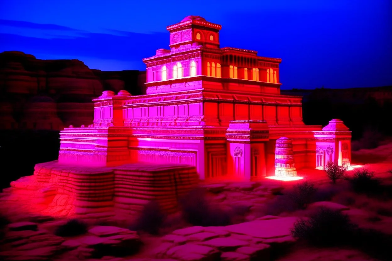 A pink light glowing monastery designed in Navajo baskets painted by Frank Lloyd Wright