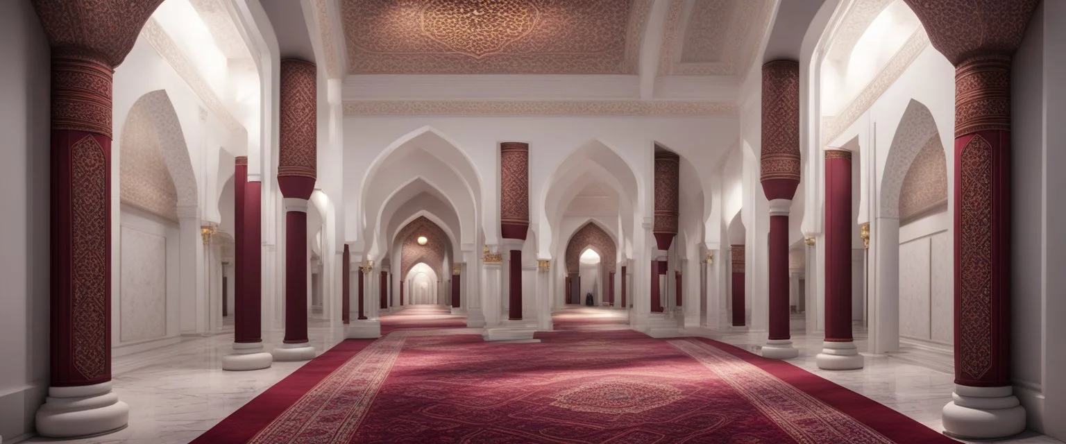 Hyper realistic detailed hallway inside White wall Mosque with maroon pillars & beautiful carpet at night