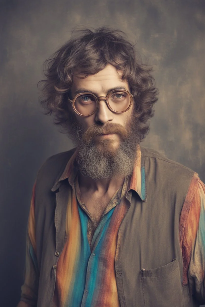 Hippie bohemian young ugly man with Parisian bohemian look and glasses of colours and poor and short short short and poor hair on the head with receding hairline. Farsightedness glasses with big eyes. Long beard. Vintage look and feel like photo styleof the 70s