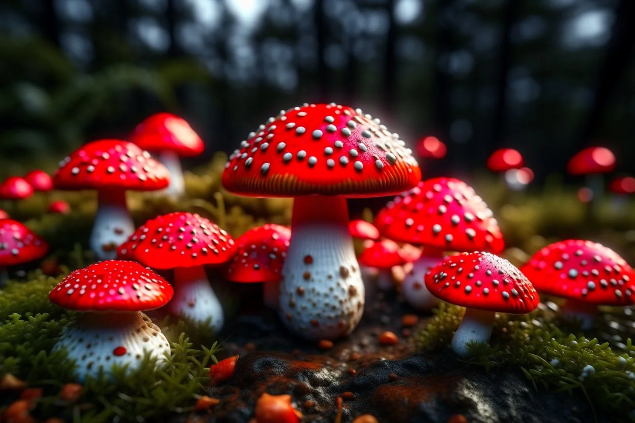 Hyperealistic low-level shot of a group of fly agaric mushrooms