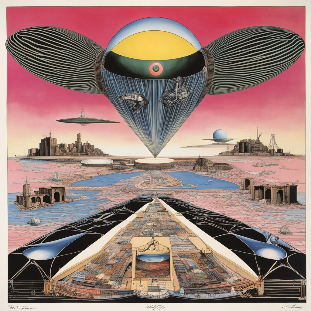 One Slip, Style by Gerald Scarfe and Paul Laffoley, Pink_Floyd album cover for Momentary Lapse of Reason, album cover art, sharp colors, mysterious