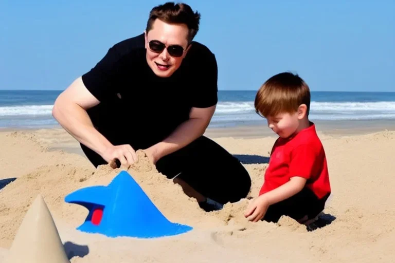 Toddler elon musk building a rocketship sand castle on the beach