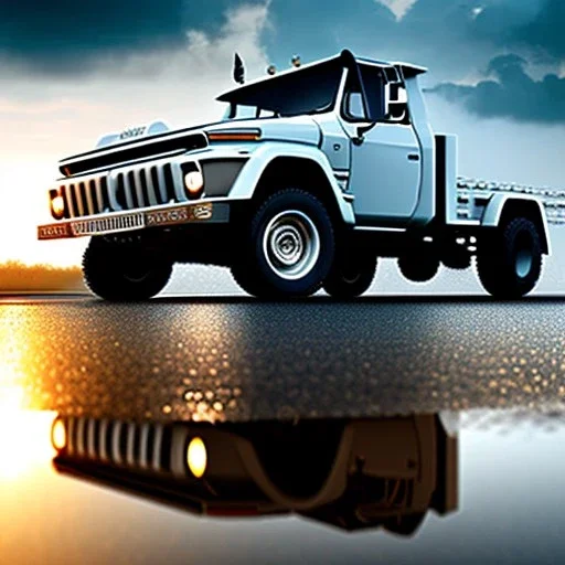 hyperrealistic shot, military truck, monotone color palette, sharp focus, puddle reflection, tire water splash, refraction, mist on the horizon, shadowcast, detailed and intricate, cinematic composition