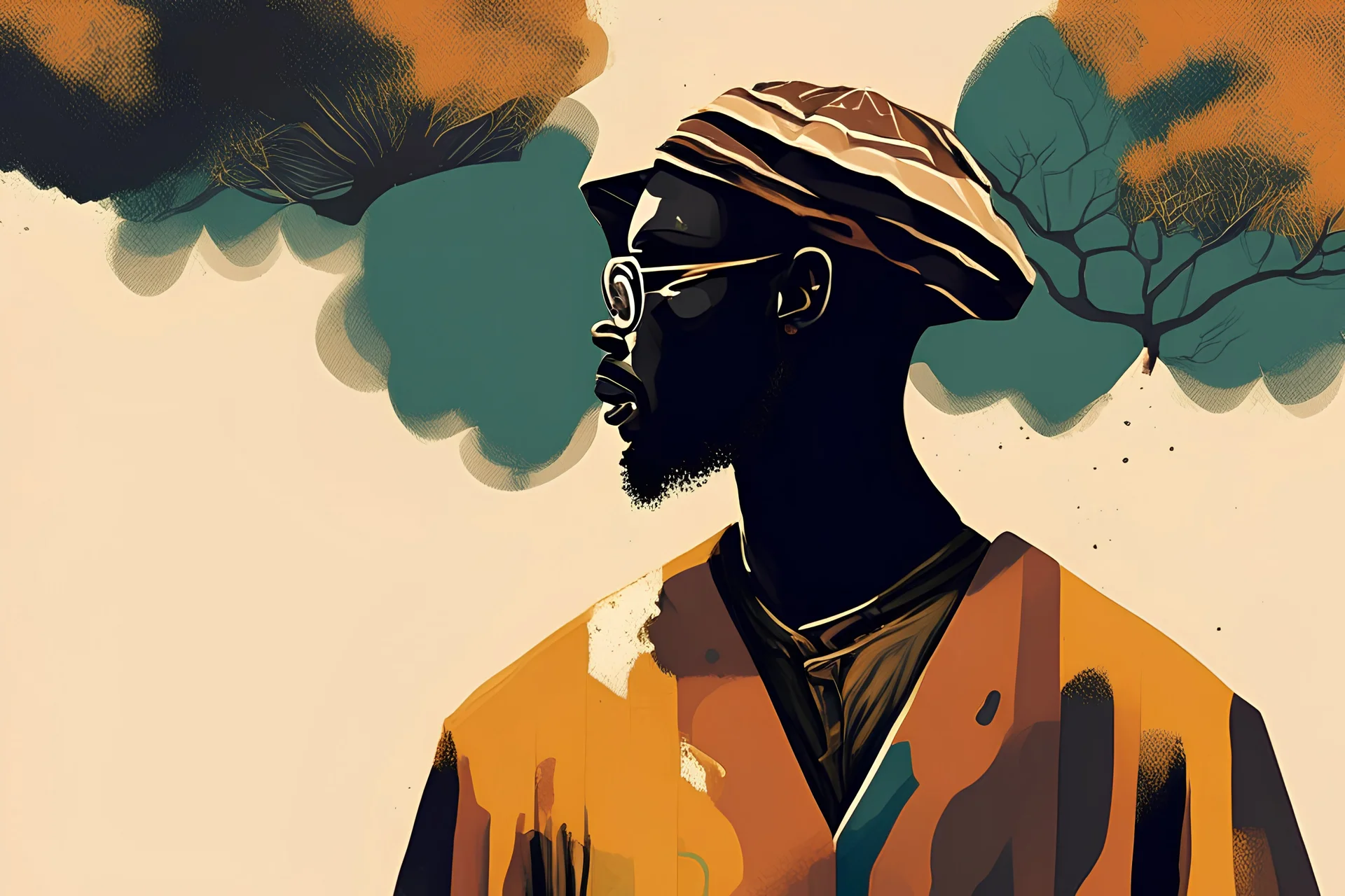 Design, African man, oil painting, featureless, graphic, drawing without facial features, background, sky, trees, traditional clothes