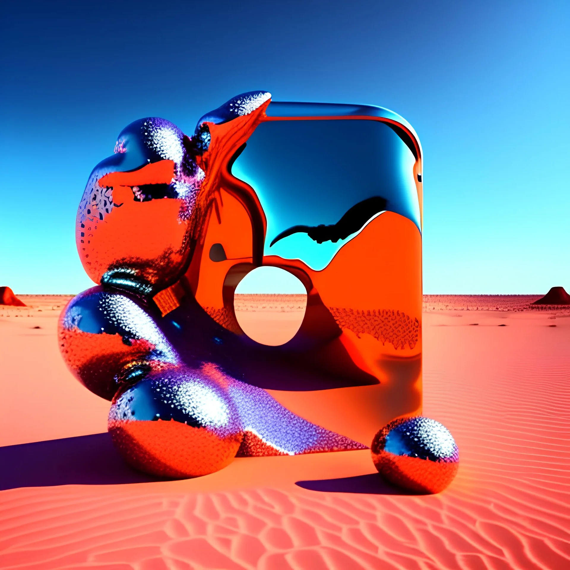 Bright, glittering, 3d, plastic-like, surreal objects in a bright environment, desert, noon light