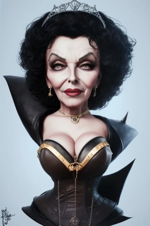 Joan Collins as evil queen in black leather, leather, busty, cleavage, angry, stern look. character design by cory loftis, fenghua zhong, ryohei hase, ismail inceoglu and ruan jia. unreal engine 5, artistic lighting, highly detailed, photorealistic, fantasy