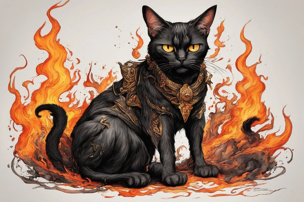 create a full body caricature of an aged, malevolent, ornately dressed , 14th century sorceress Bombay cat wreathed in fire ,highly detailed with refined feline features in the cartoon caricature style of Gerald Scarfe and Ralph Steadman precisely drawn, boldly inked, vividly colored, 4k