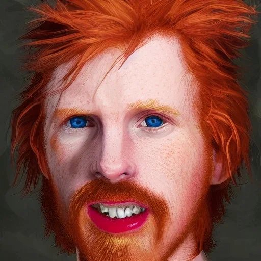 Portrait of Courtney Gains as a ruggedly handsome but joyful roguish pirate, charismatic, attractive male, masculine, perfect, precisely detailed, lightly freckled face, unblemished, flawless skin; meticulously detailed multi-hued ginger carrot colored cherry fire red hair; Malachai of the corn; fantasy, intricate, elegant, highly detailed, digital painting, artstation, concept art, matte, sharp focus, illustration, art by artgerm and greg rutkowski and alphonse mucha