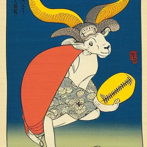 Ukiyo-e style illustration of blue and yellow Bighorn Ram holding a football