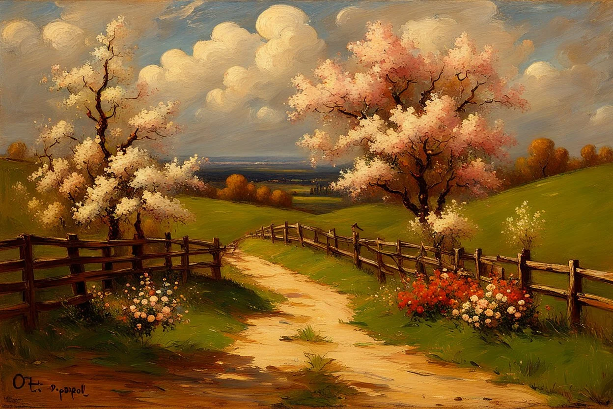 Clouds, spring trees, little pathway, fence, flowers, otto pippel impressionisn painting