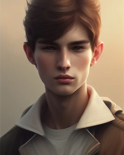  boy, cute, young, teen, brown hair, brown eyes, medium hair, bangs side part, head and shoulders portrait, head and shoulders portrait, 8k resolution concept art portrait by Greg Rutkowski,