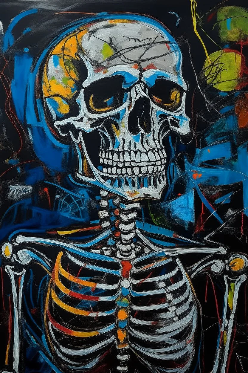 voodoo skeleton, neo-expressionism, acrylic paint, outlines