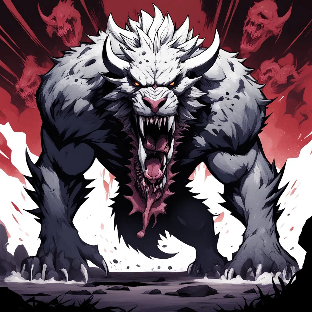 [illustration for wii No More Heroes style with thick lines] The beast lets out a bone-chilling roar that echoes through the chamber, causing the very stones to tremble. Its body is a grotesque amalgamation of flesh and bone, twisted and deformed by some unspeakable evil.