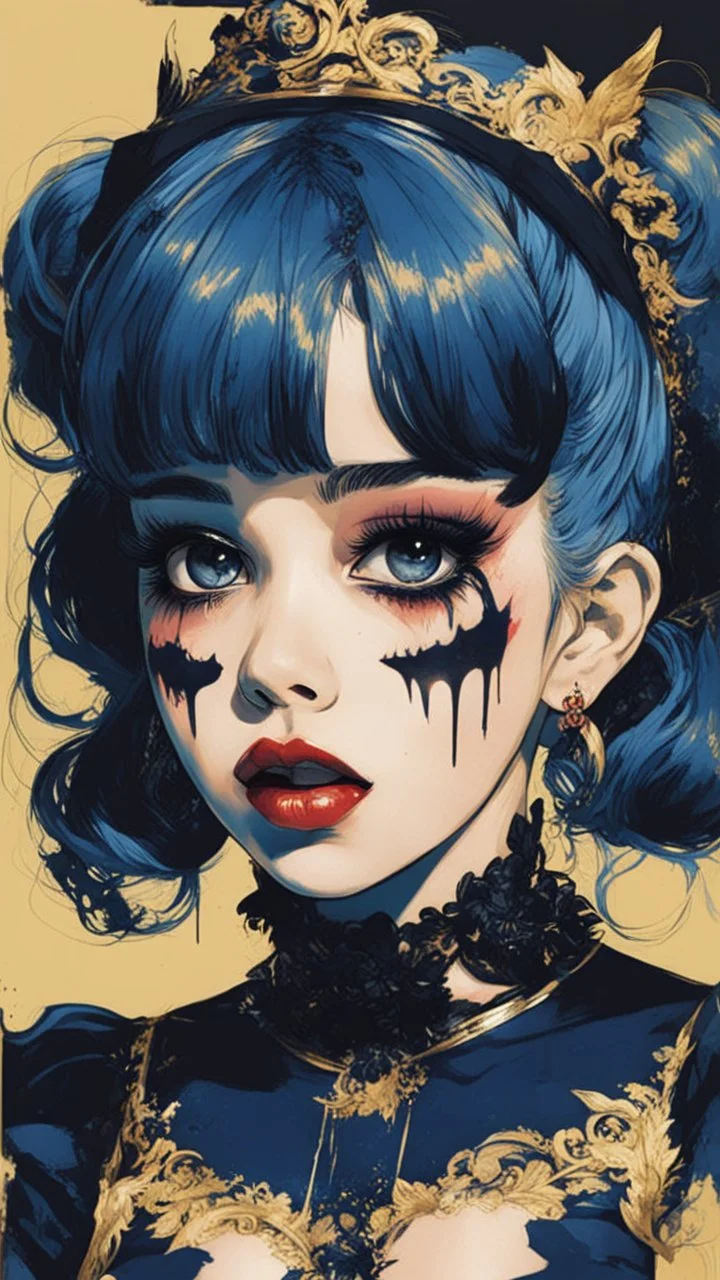 Poster in two gradually, a one side malevolent goth vampire girl face and other side the Singer Melanie Martinez face, full body, painting by Yoji Shinkawa, darkblue and gold tones,