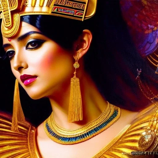 Drawing of beautiful face extra busty cleopatra,throne,hieroglyphics,balanciaga fashion clothe painting by gaston bussiere, greg rutkowski, yoji shinkawa, yoshitaka amano, tsutomu nihei, donato giancola, tim hildebrandt, oil on canvas, cinematic composition, extreme detail,fit full head inside picture,16k