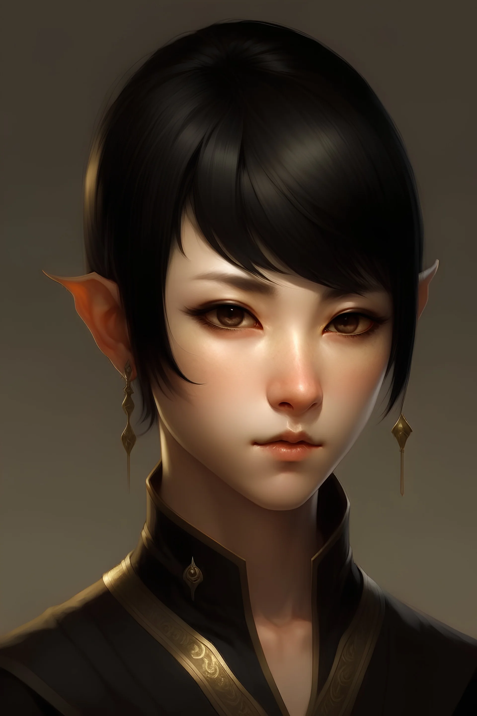 elven woman, short black pixie hair with sideswept bangs, sharp golden eyes, Japanese clothing, pointy ears
